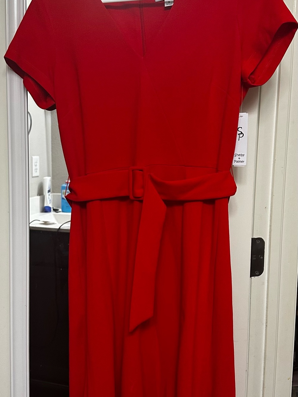 Shelby & Palmer Vibrant Red V-Neck Midi Dress with Self Belt